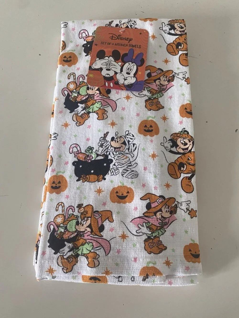 2 Pk Disney Mickey & Minnie Mouse Halloween Pumpkin Kitchen Towels 16 X 26” NEW